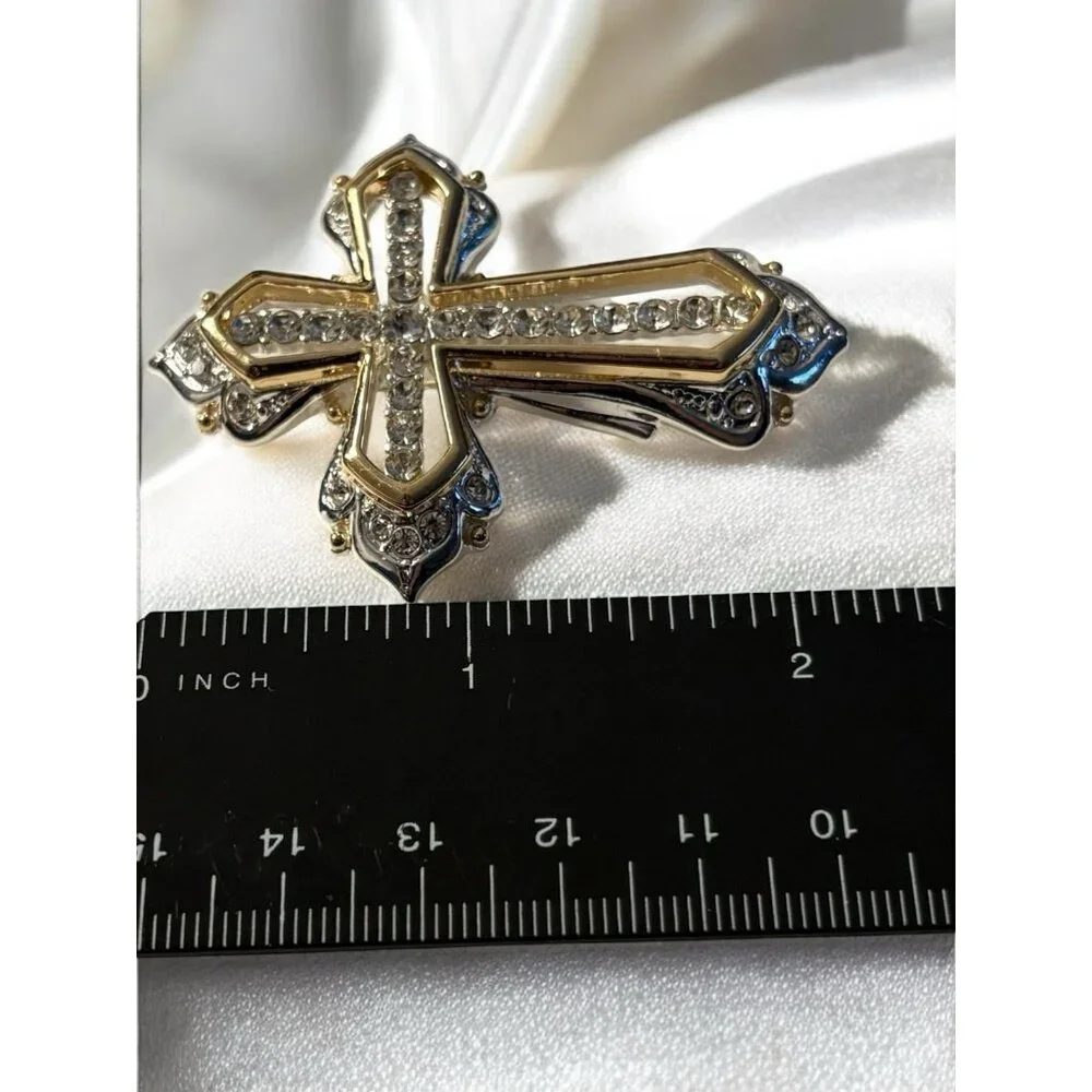 Napier Cross Brooch Pin Gold & Silver Tone Clear Rhinestones Open Work Religious